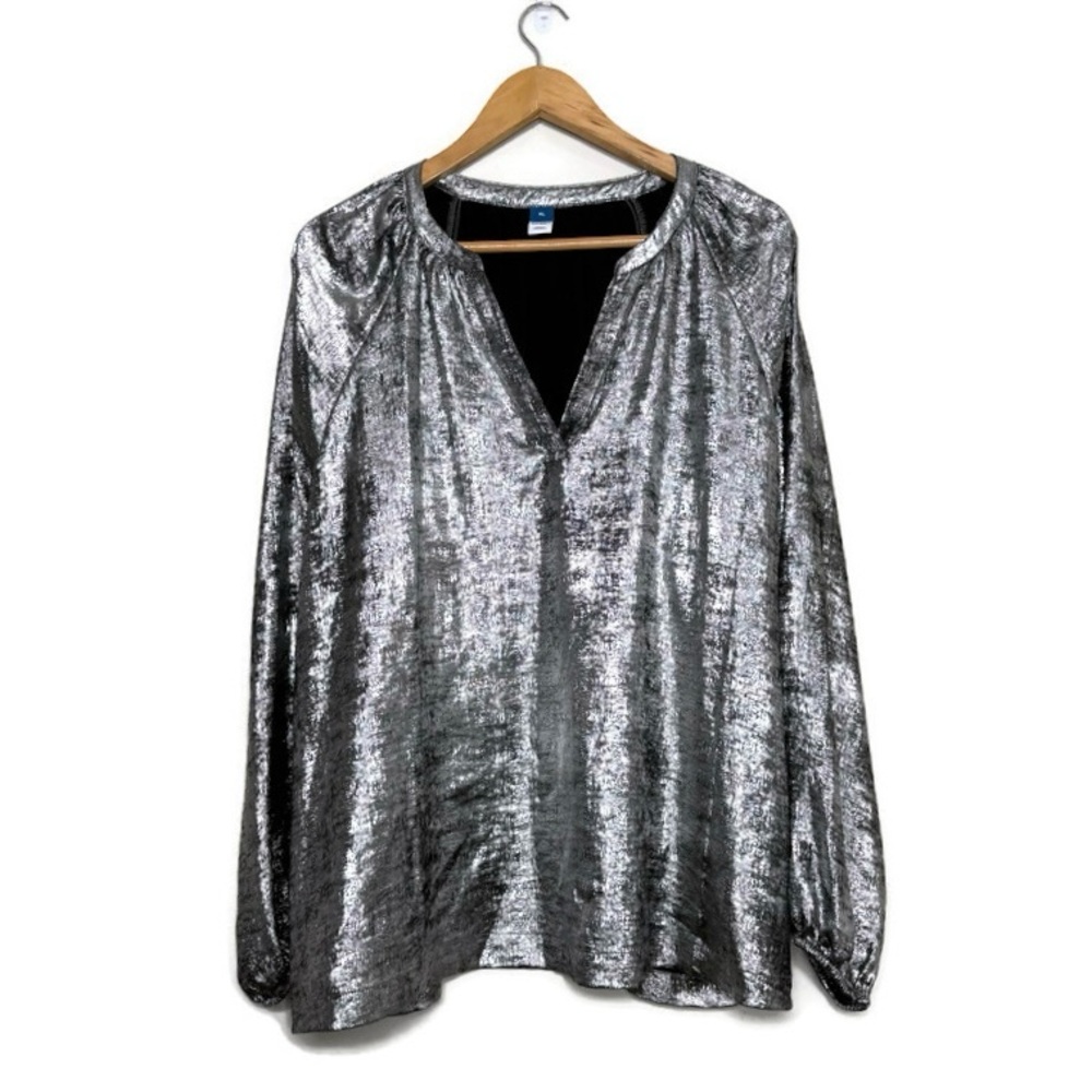 Old Navy Shiny Metallic Silver Long Sleeve Blouse Women’s Size XL NWT